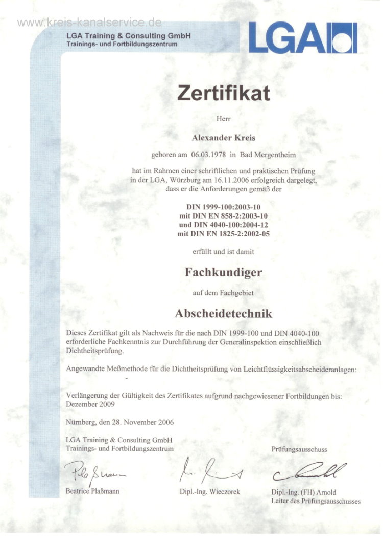 Fachkundiger Abscheidertechnik DIN 1999 Din 4040 LGA bis 2009