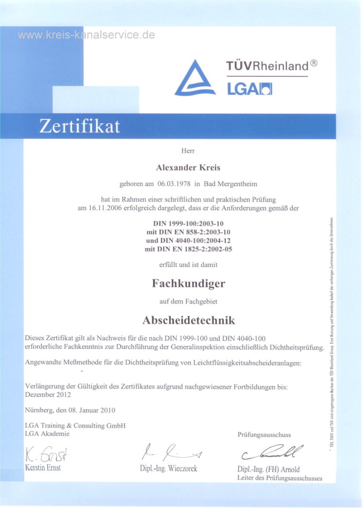 Fachkundiger Abscheidertechnik DIN 1999 Din 4040 LGA bis 2012